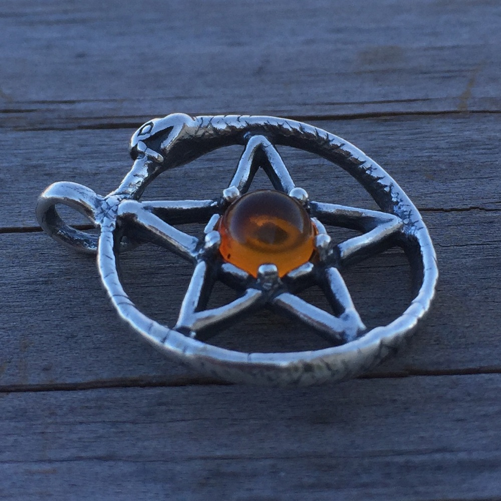 Snake Ouroboros Pentacle .925 Sterling Silver w/ genuine Amber made in USA - Picture 5 of 8
